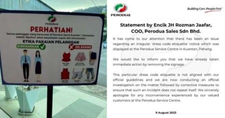 Perodua issues statement on dress code etiquette notice at service centre in Kuantan Pahang
