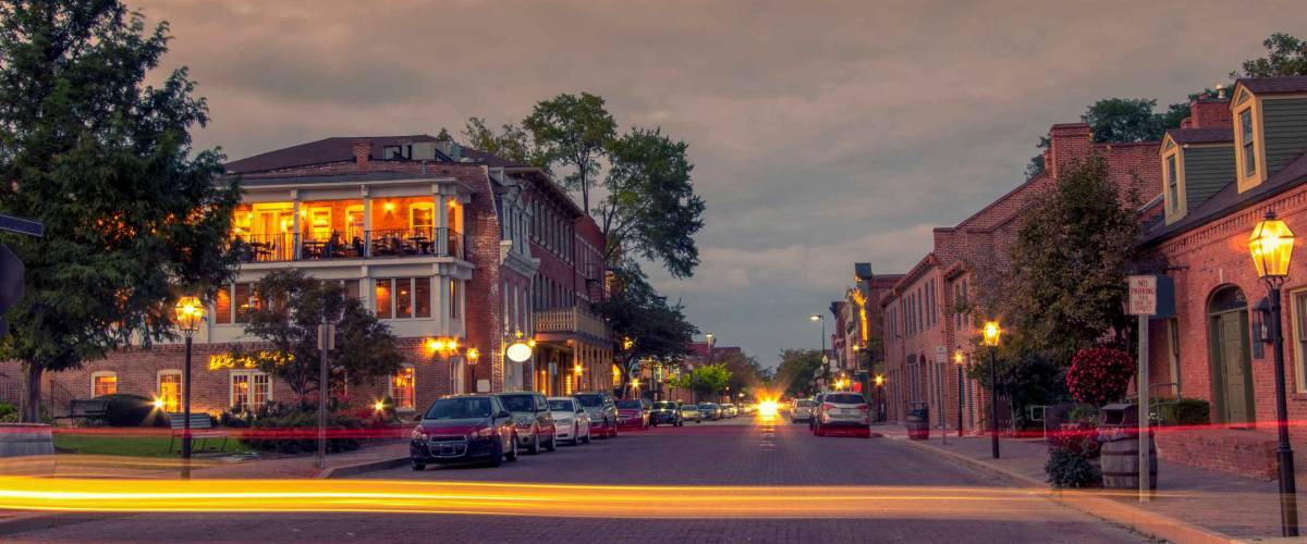 long exposure light trail in main street of Saint Charles historic district, Missouri, USA